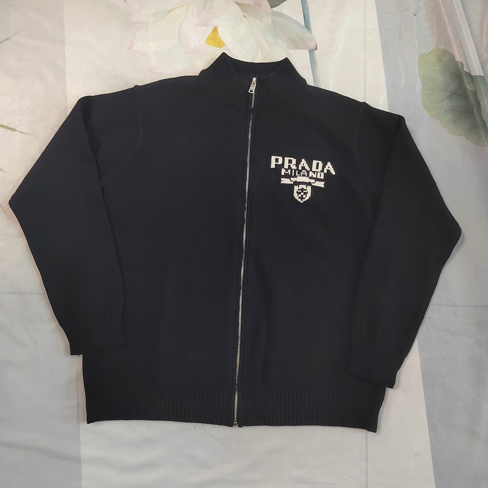 Prada Logo Intarsia-Knit Zip-Up Cardigan